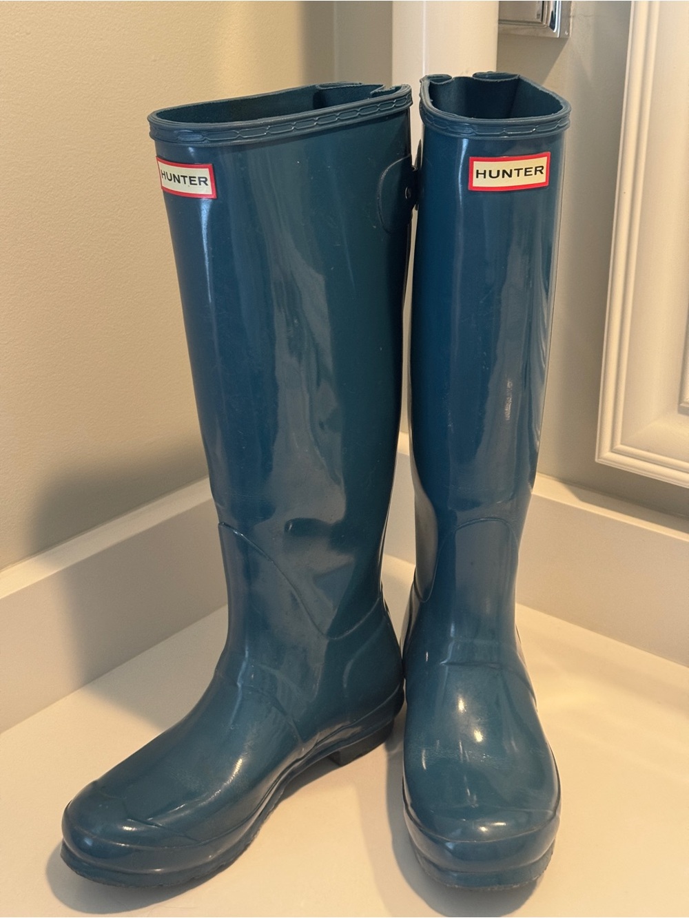 Hunter Original Tall Back Adjustable Gloss Rain Boots Ocean Blue Size 8